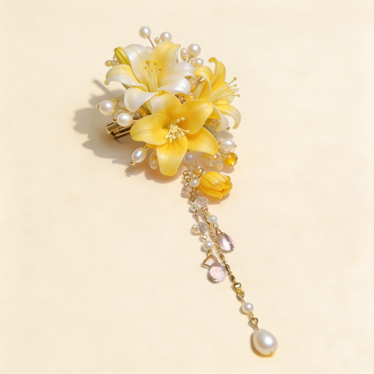 Yellow Lily Pearl Crystal Tassel Hair Clip