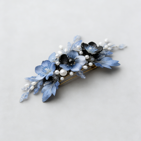 Blue Black Flower Pearl Hair Clip