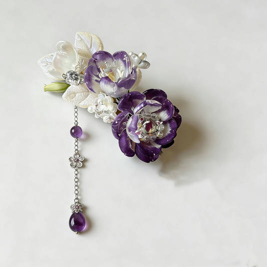 Purple Flower Amethyst Tassel Hair Clip