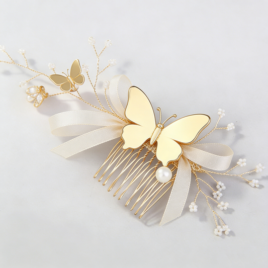 Gold Butterfly Ribbon Tuck Comb