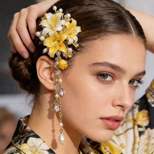 Yellow Lily Pearl Crystal Tassel Hair Clip