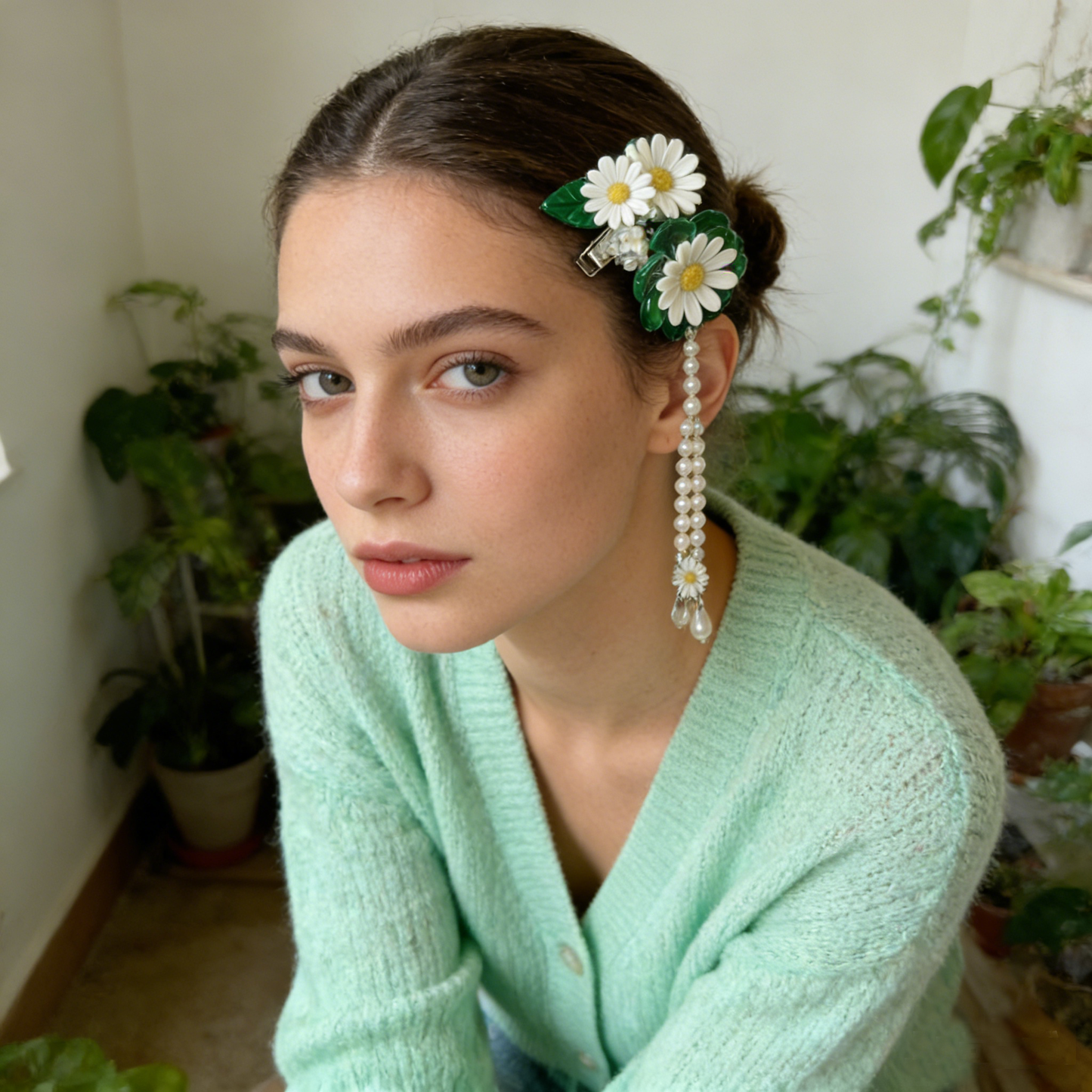 Daisy Green Pearl Tassel Hair Clip