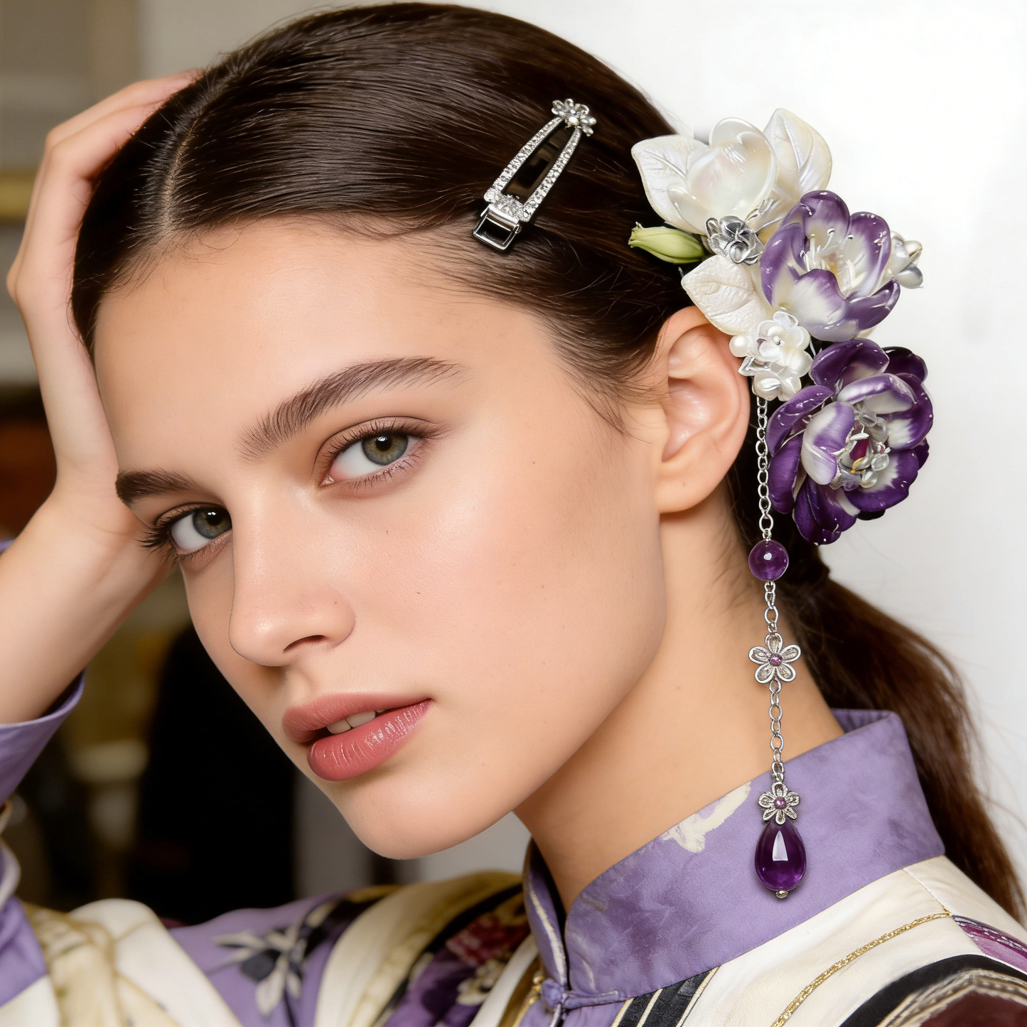 Purple Flower Amethyst Tassel Hair Clip