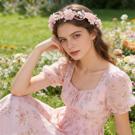 Pink Flower Pearl Headband Garland