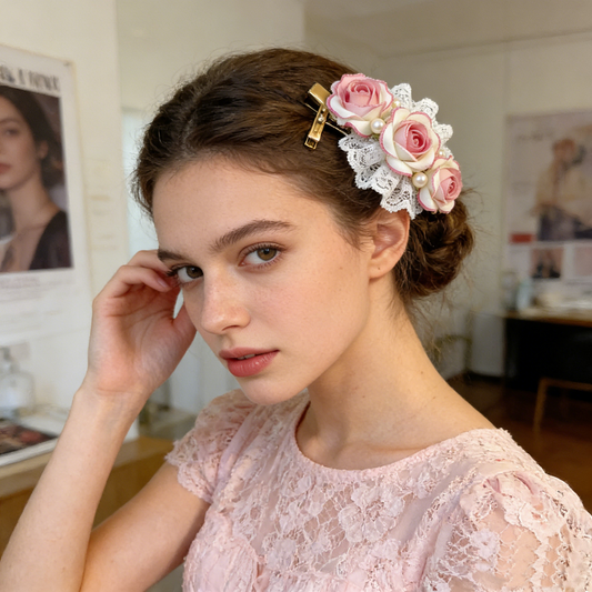 Pink Rose Lace Pearl Hair Clip