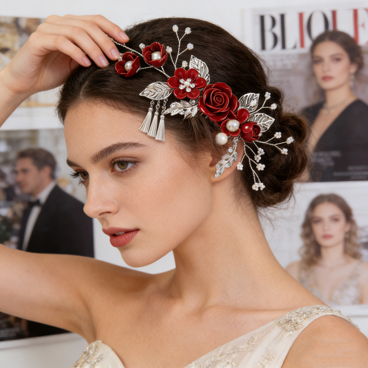 Red Rose Silver Tassel Tuck Comb