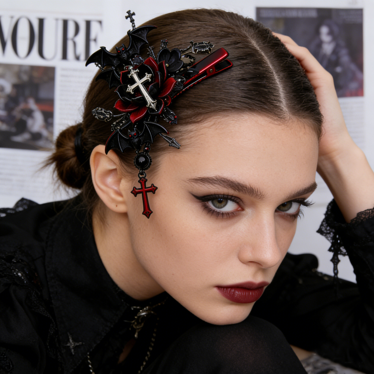 Gothic Bat Cross Hair Clip
