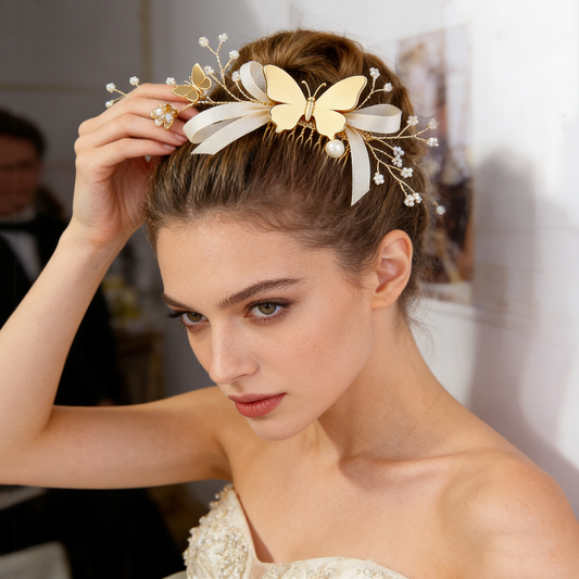 Gold Butterfly Ribbon Tuck Comb