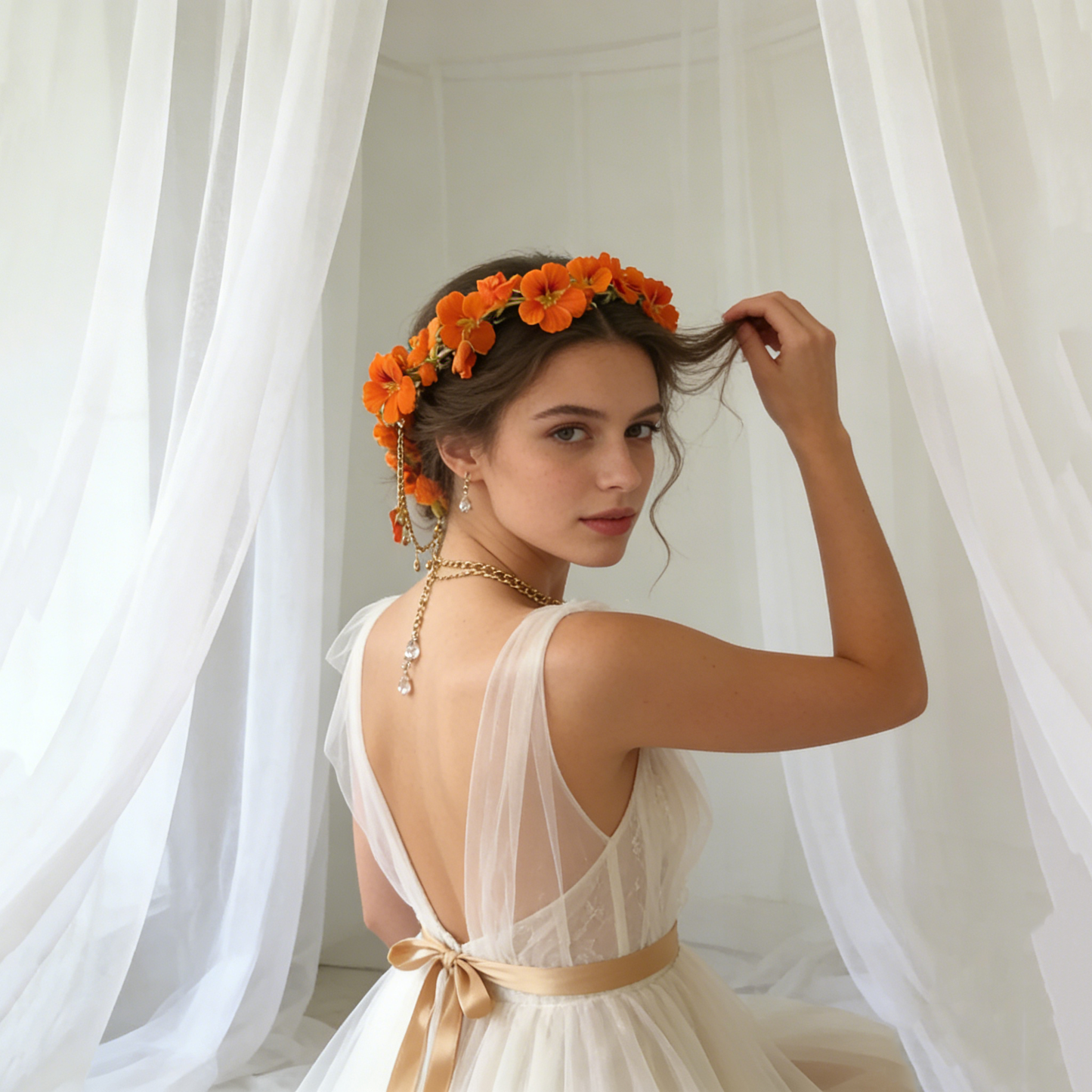 Orange Flower Gold Ribbon Garland