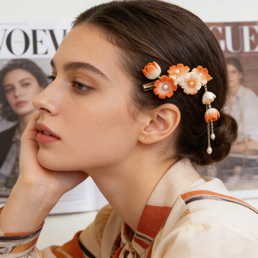 Orange Tulip Pearl Tassel Hair Clip