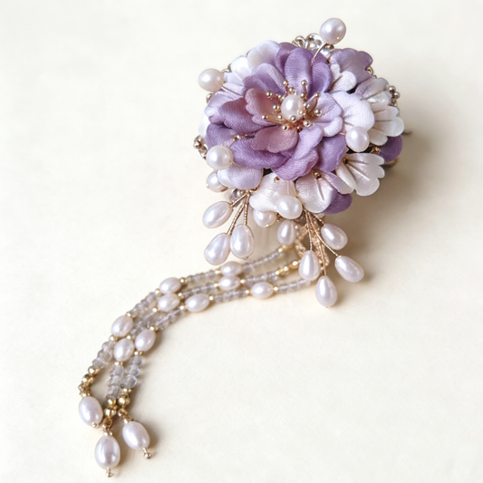 Purple Peony Pearl Tassel Hair Clip