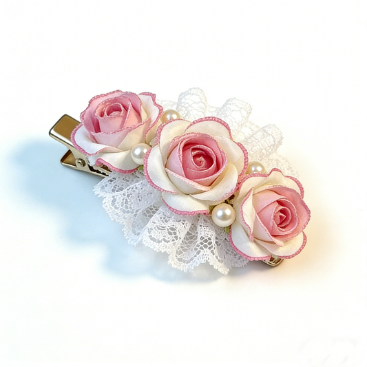 Pink Rose Lace Pearl Hair Clip