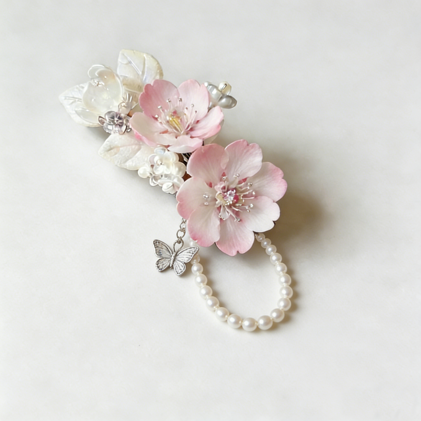Pink Cherry Blossom Butterfly Pearl Hair Clip