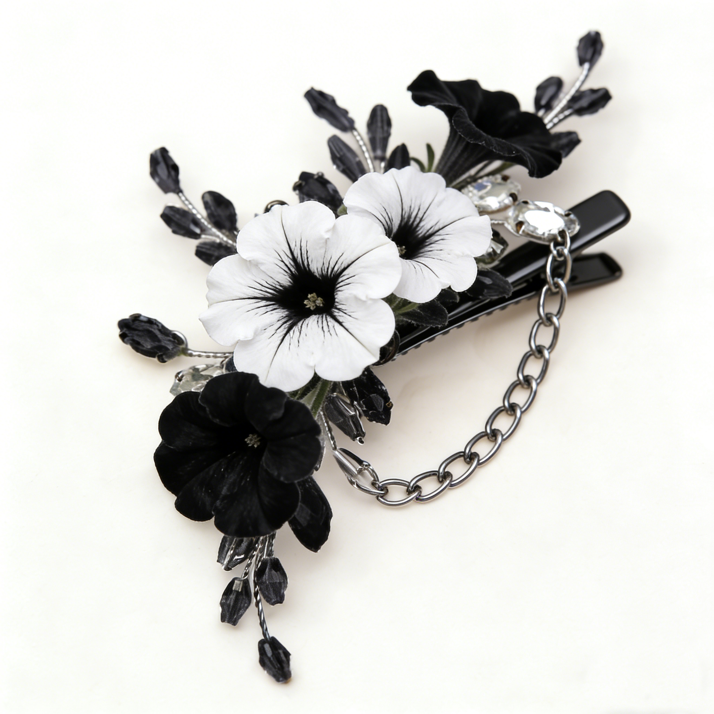 Black White Petunia Chain Hair Clip