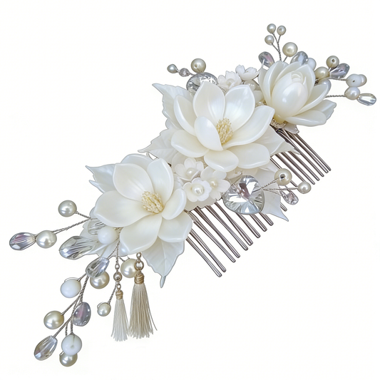 White Magnolia Tassel Tuck Comb