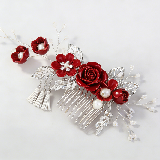 Red Rose Silver Tassel Tuck Comb