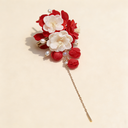 Red-White Flower Pearl Tassel Hair Clip