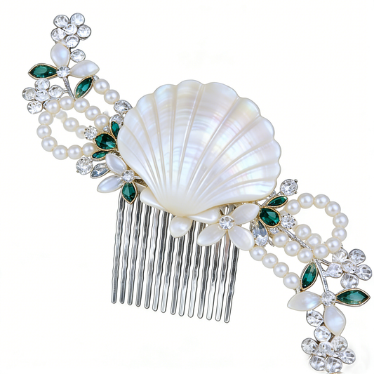 Seashell Pearl & Emerald Tuck Comb