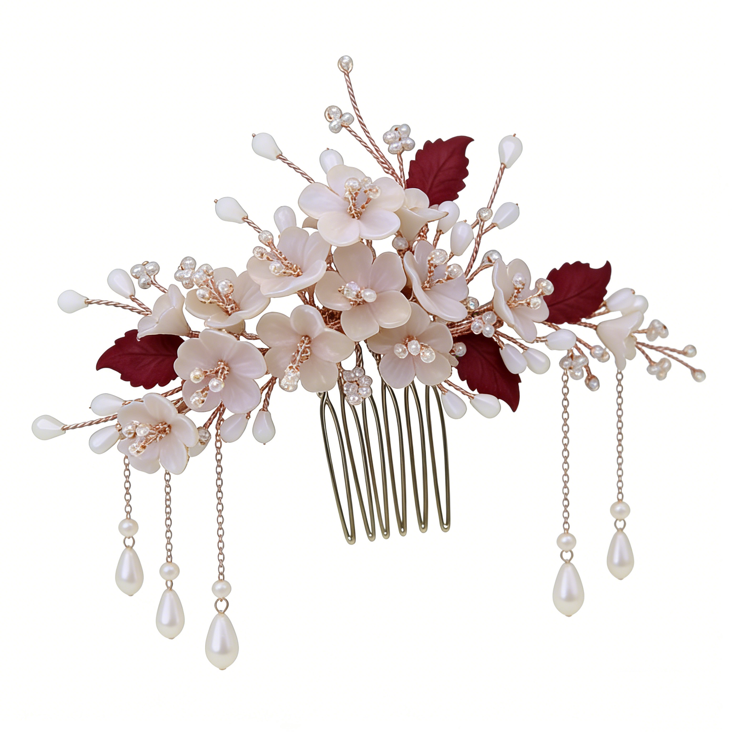 Ivory Flower Burgundy Tassel Tuck Comb