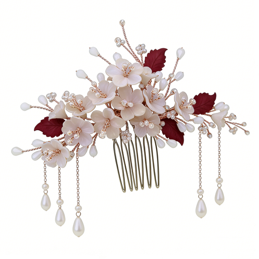 Ivory Flower Burgundy Tassel Tuck Comb