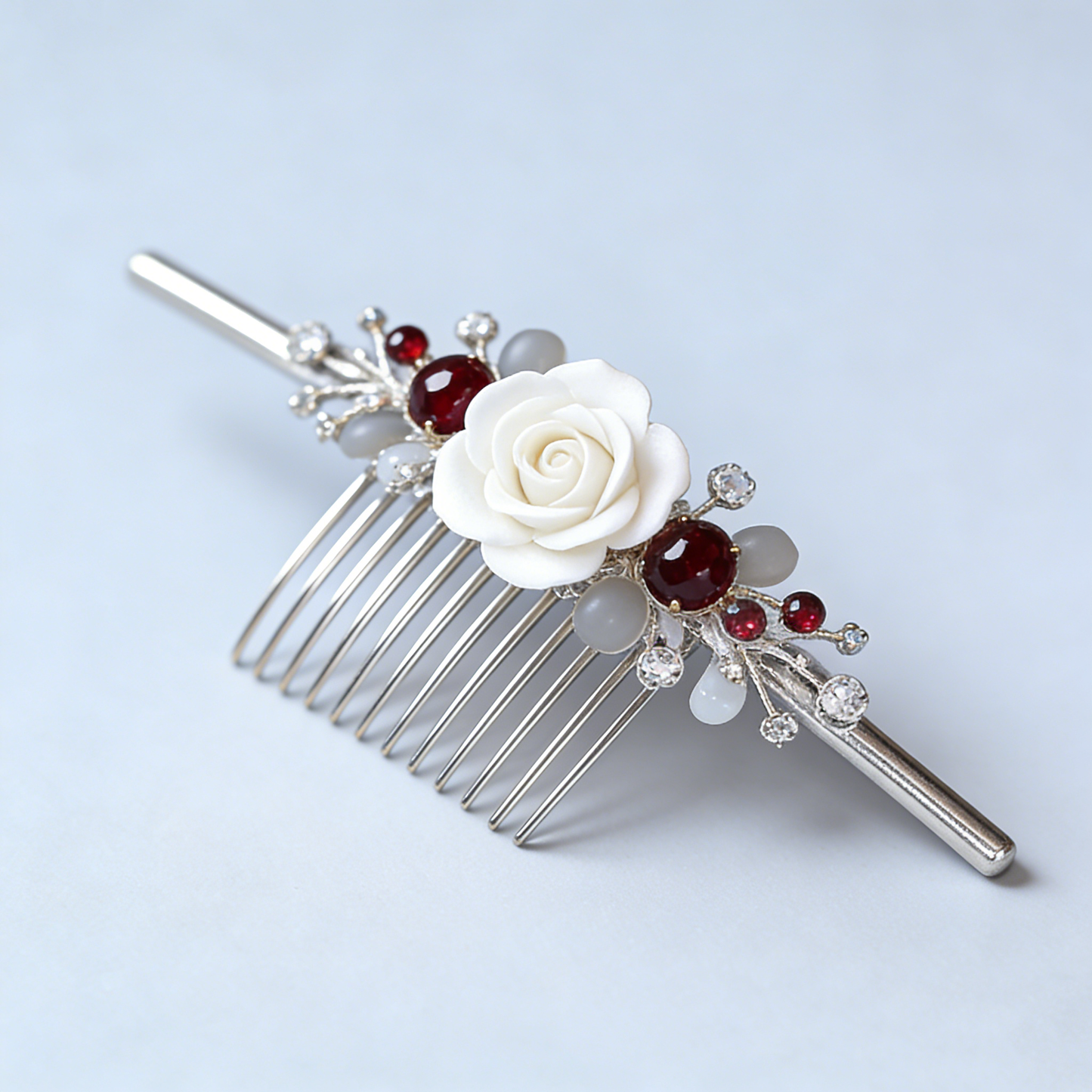 White Rose Red Gem Tuck Comb